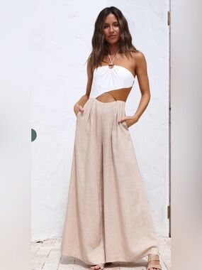Fortunate One All Spaced Out Jumpsuit Neutral Color block with Spaghetti Straps